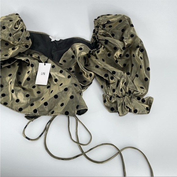NWT LPA Coco Gold and Black Puffy Sleeve Polka Dots Wrap Top, Size Small - Picture 4 of 8